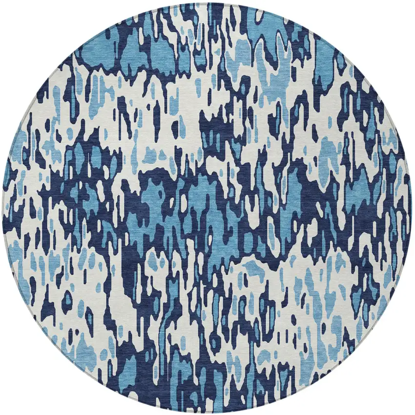 8' Blue Aqua And Ivory Round Striped Washable Indoor Outdoor Area Rug Photo 5