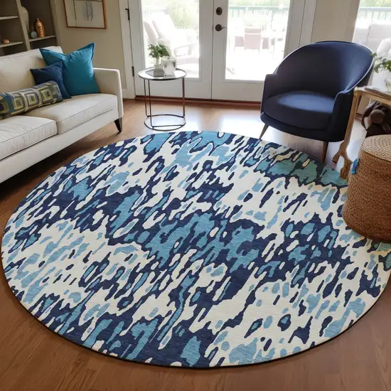 8' Blue Aqua And Ivory Round Striped Washable Indoor Outdoor Area Rug Photo 7