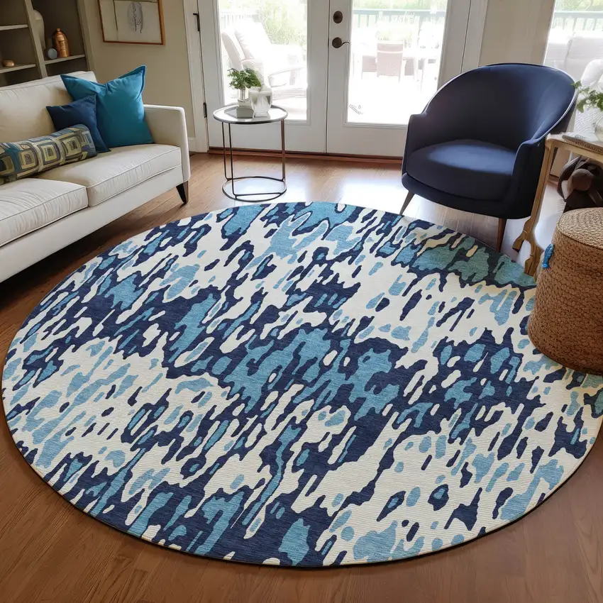 8' Blue Aqua And Ivory Round Striped Washable Indoor Outdoor Area Rug Photo 7
