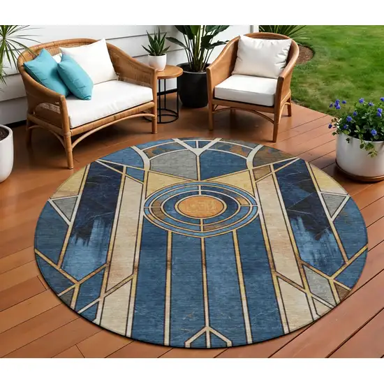 8' Blue Beige And Copper Round Geometric Washable Indoor Outdoor Area Rug Photo 2