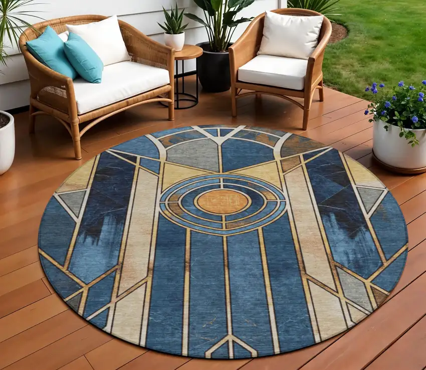 8' Blue Beige And Copper Round Geometric Washable Indoor Outdoor Area Rug Photo 2
