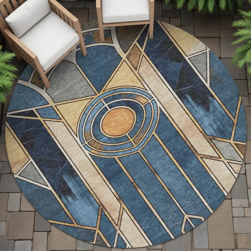 8' Blue Beige And Copper Round Geometric Washable Indoor Outdoor Area Rug Photo 9