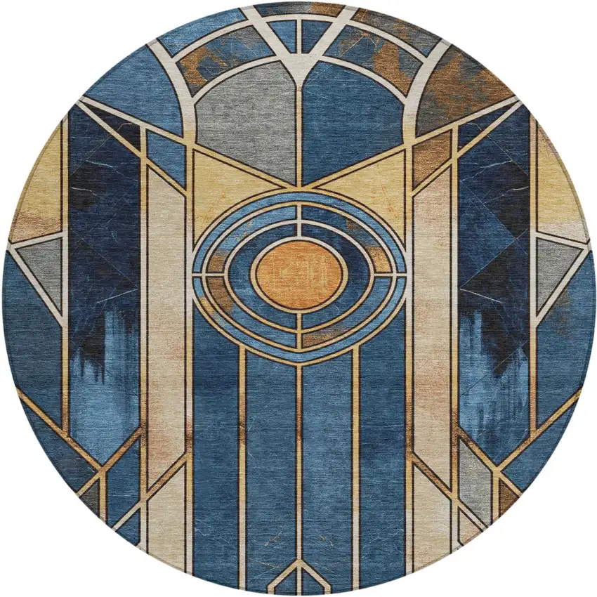 8' Blue Beige And Copper Round Geometric Washable Indoor Outdoor Area Rug Photo 1