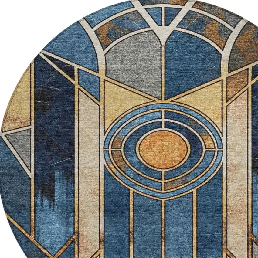 8' Blue Beige And Copper Round Geometric Washable Indoor Outdoor Area Rug Photo 5