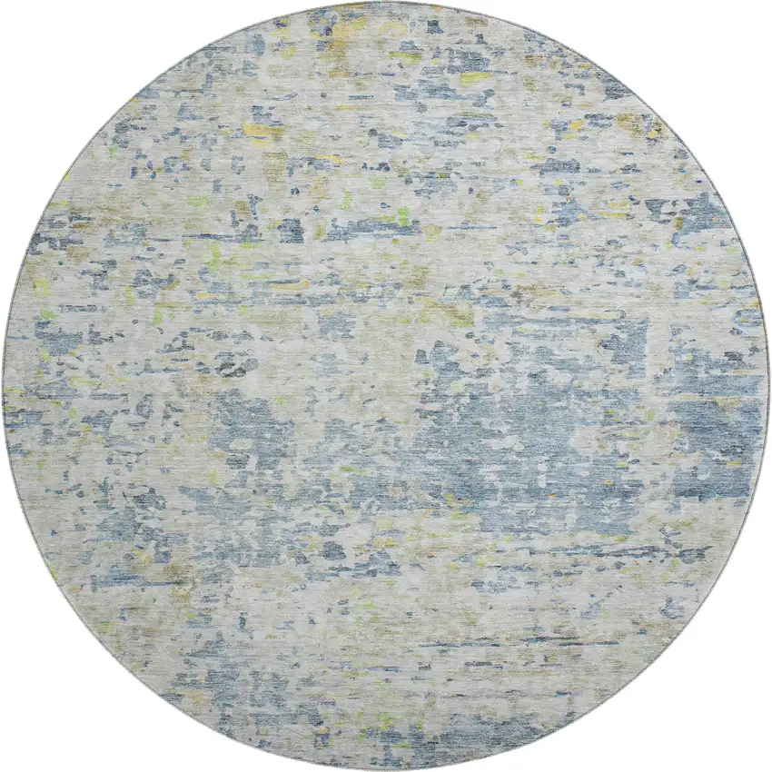 8' Blue Beige And Gold Abstract Washable Round Rug With UV Protection Photo 1