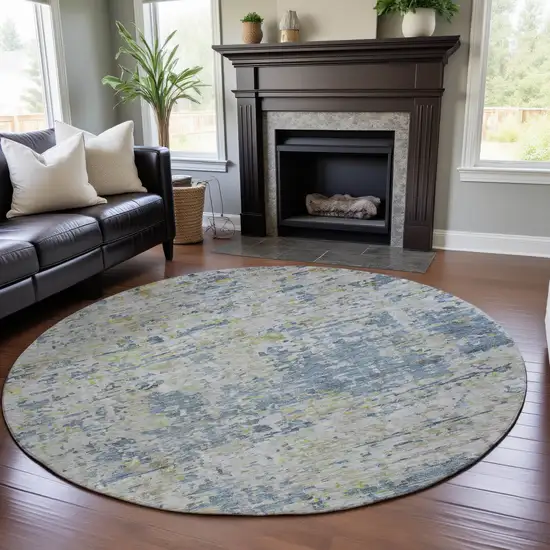 8' Blue Beige And Gold Abstract Washable Round Rug With UV Protection Photo 4