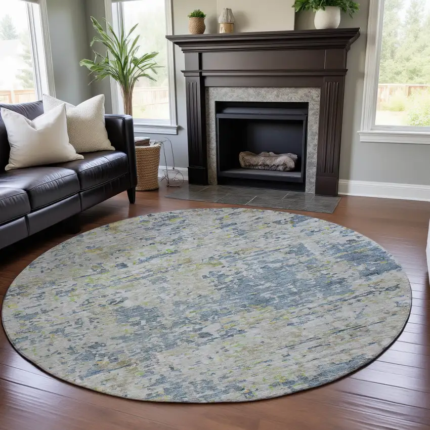 8' Blue Beige And Gold Abstract Washable Round Rug With UV Protection Photo 4