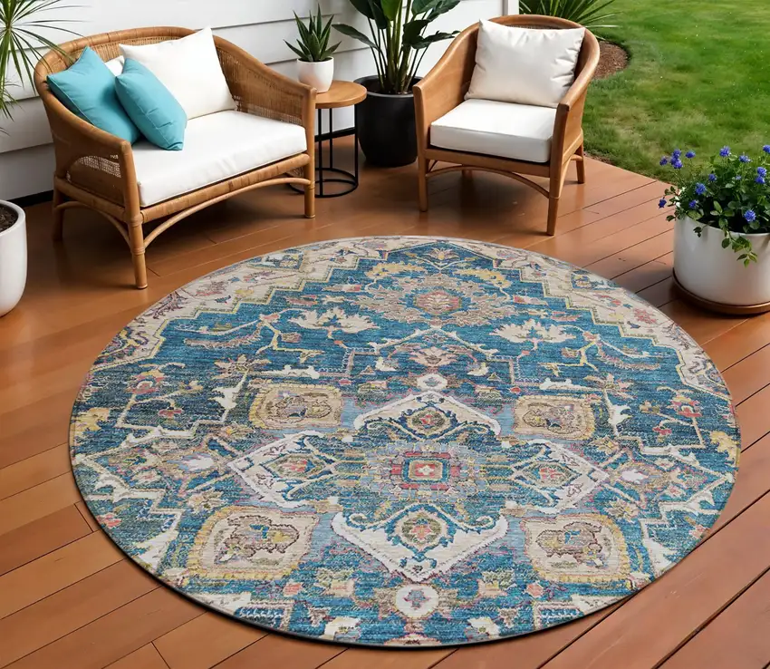 8' Blue Beige And Gold Round Oriental Washable Indoor Outdoor Area Rug Photo 1