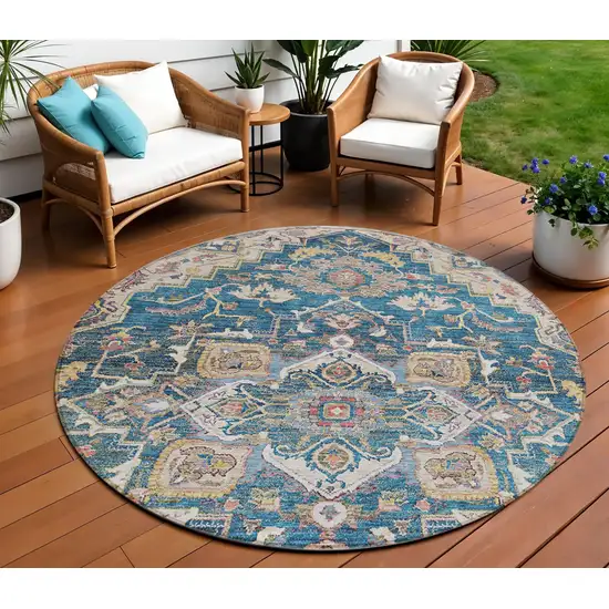 8' Blue Beige And Gold Round Oriental Washable Indoor Outdoor Area Rug Photo 1