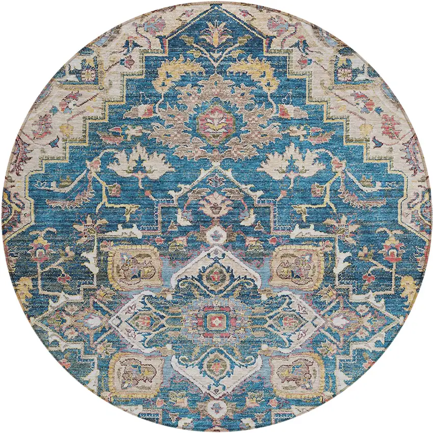 8' Blue Beige And Gold Round Oriental Washable Indoor Outdoor Area Rug Photo 2