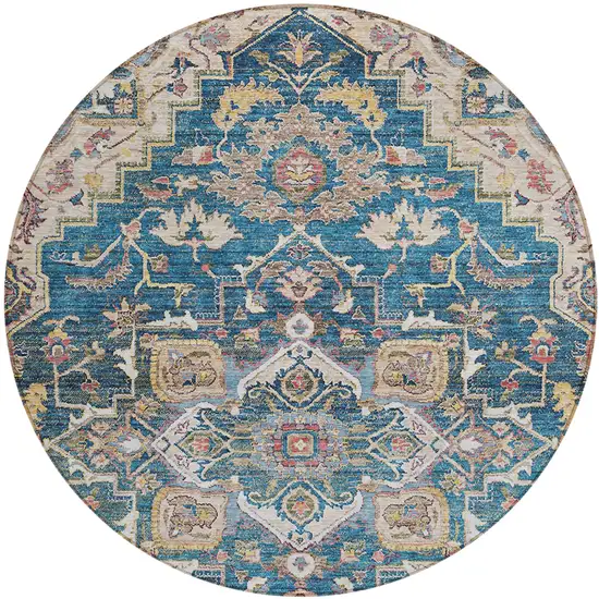 8' Blue Beige And Gold Round Oriental Washable Indoor Outdoor Area Rug Photo 2