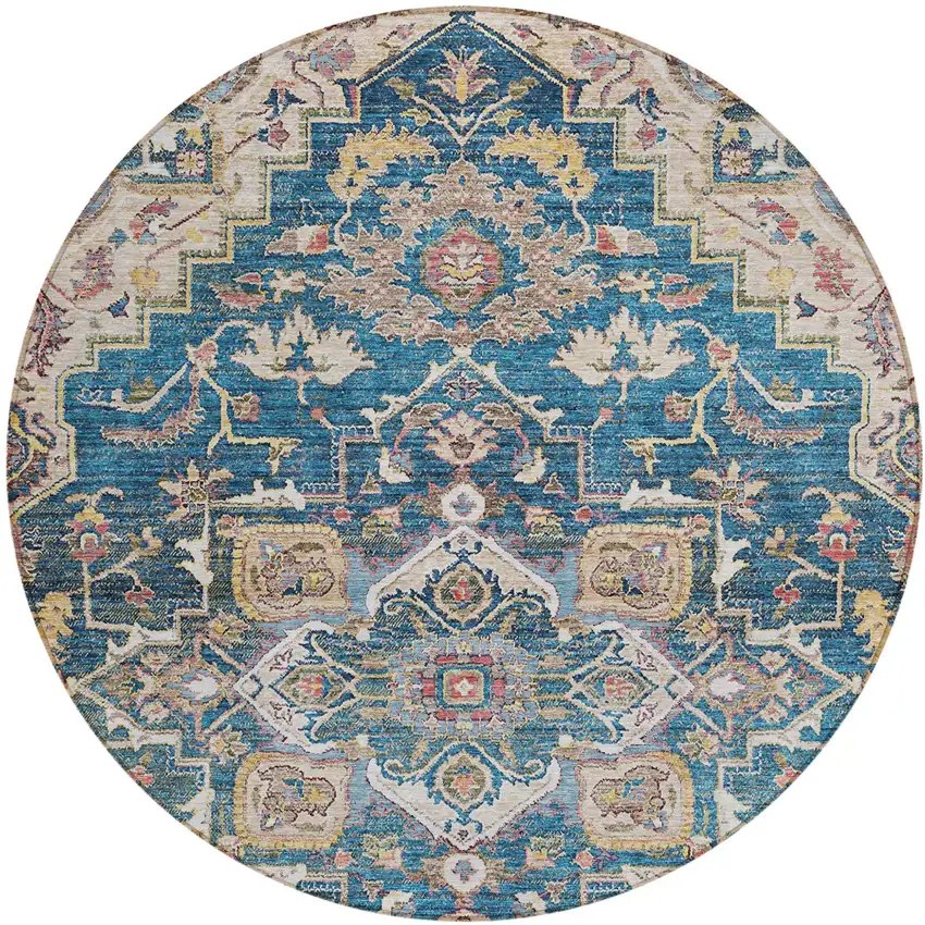 8' Blue Beige And Gold Round Oriental Washable Indoor Outdoor Area Rug Photo 2