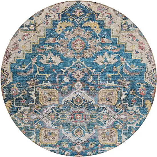 8' Blue Beige And Gold Round Oriental Washable Indoor Outdoor Area Rug Photo 2