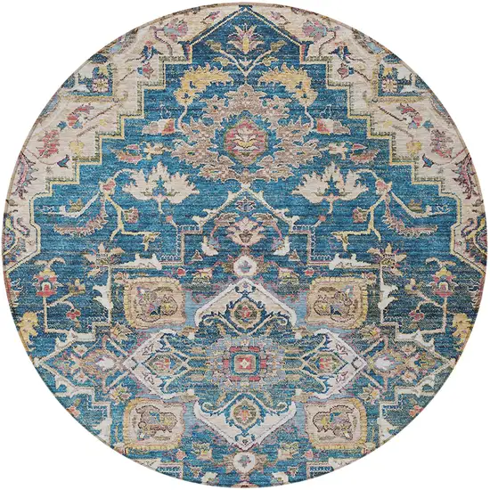8' Blue Beige And Gold Round Oriental Washable Indoor Outdoor Area Rug Photo 6