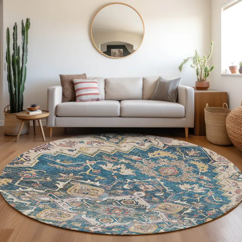 8' Blue Beige And Gold Round Oriental Washable Indoor Outdoor Area Rug Photo 8