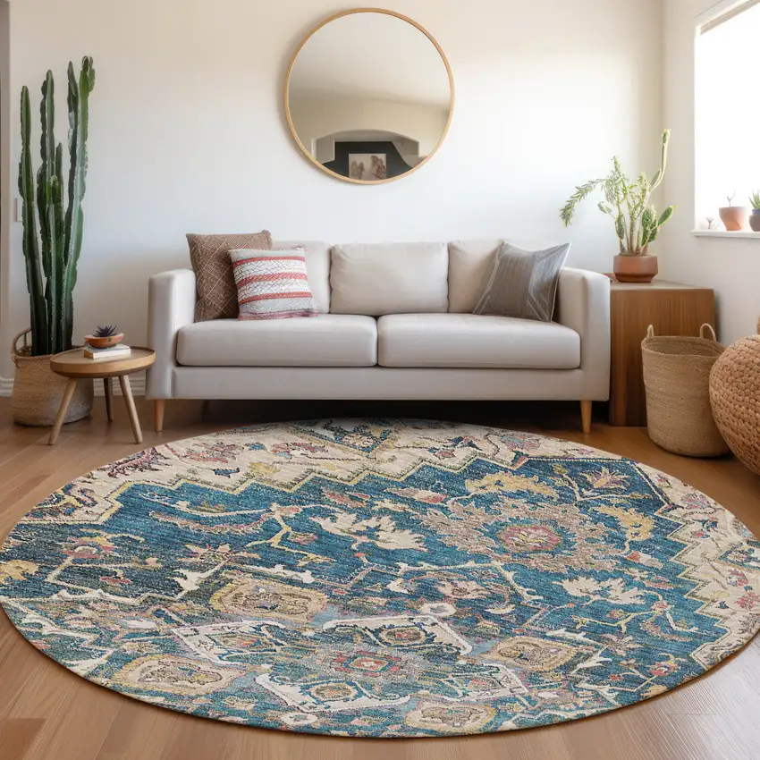 8' Blue Beige And Gold Round Oriental Washable Indoor Outdoor Area Rug Photo 8