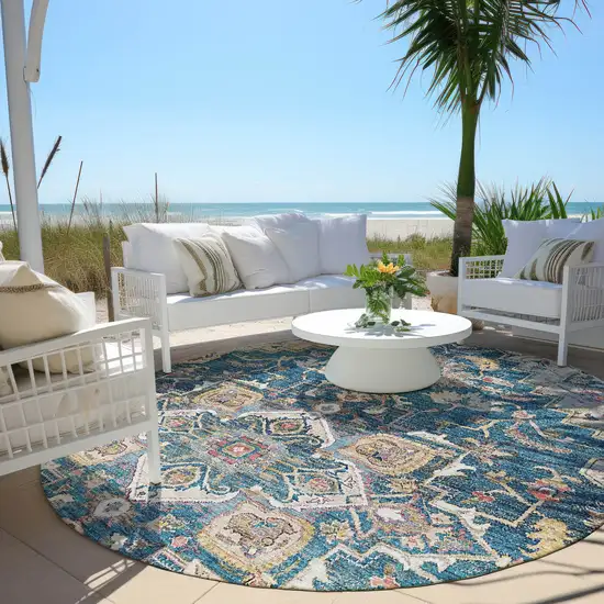 8' Blue Beige And Gold Round Oriental Washable Indoor Outdoor Area Rug Photo 7
