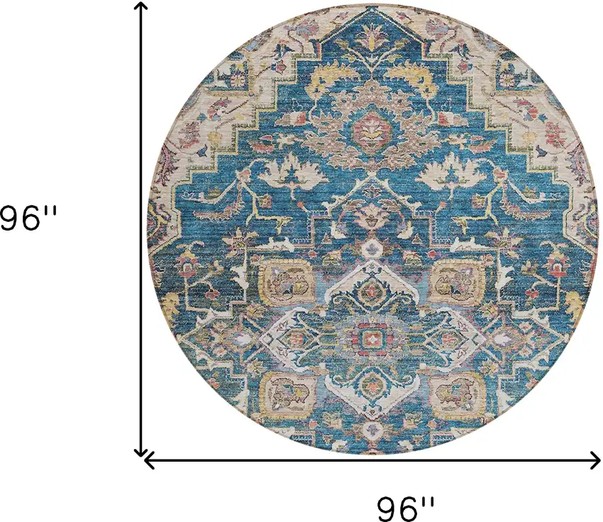 8' Blue Beige And Gold Round Oriental Washable Indoor Outdoor Area Rug Photo 3