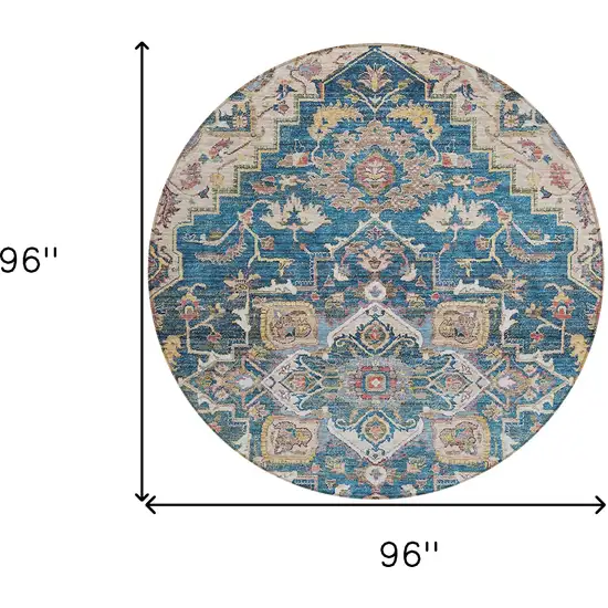 8' Blue Beige And Gold Round Oriental Washable Indoor Outdoor Area Rug Photo 3