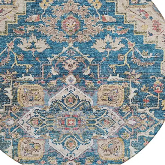 8' Blue Beige And Gold Round Oriental Washable Indoor Outdoor Area Rug Photo 5