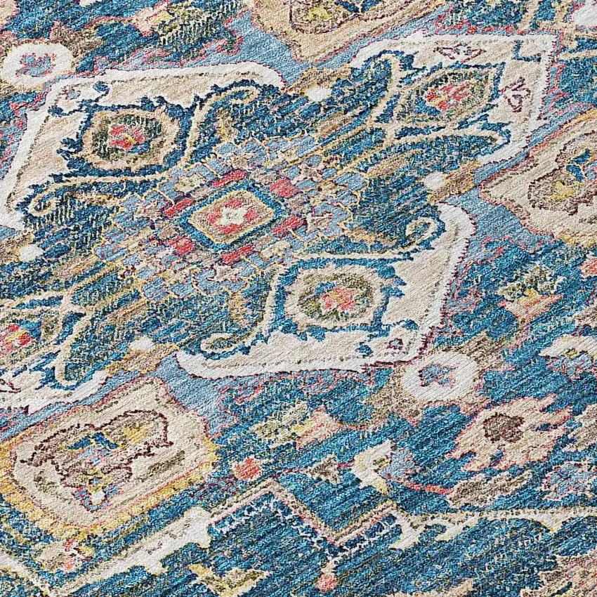 8' Blue Beige And Gold Round Oriental Washable Indoor Outdoor Area Rug Photo 4