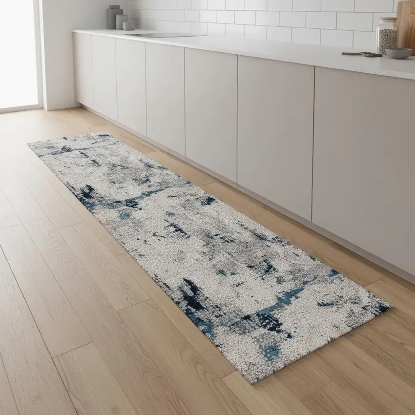 9' Blue Beige And Gray Abstract Runner Rug Photo 1