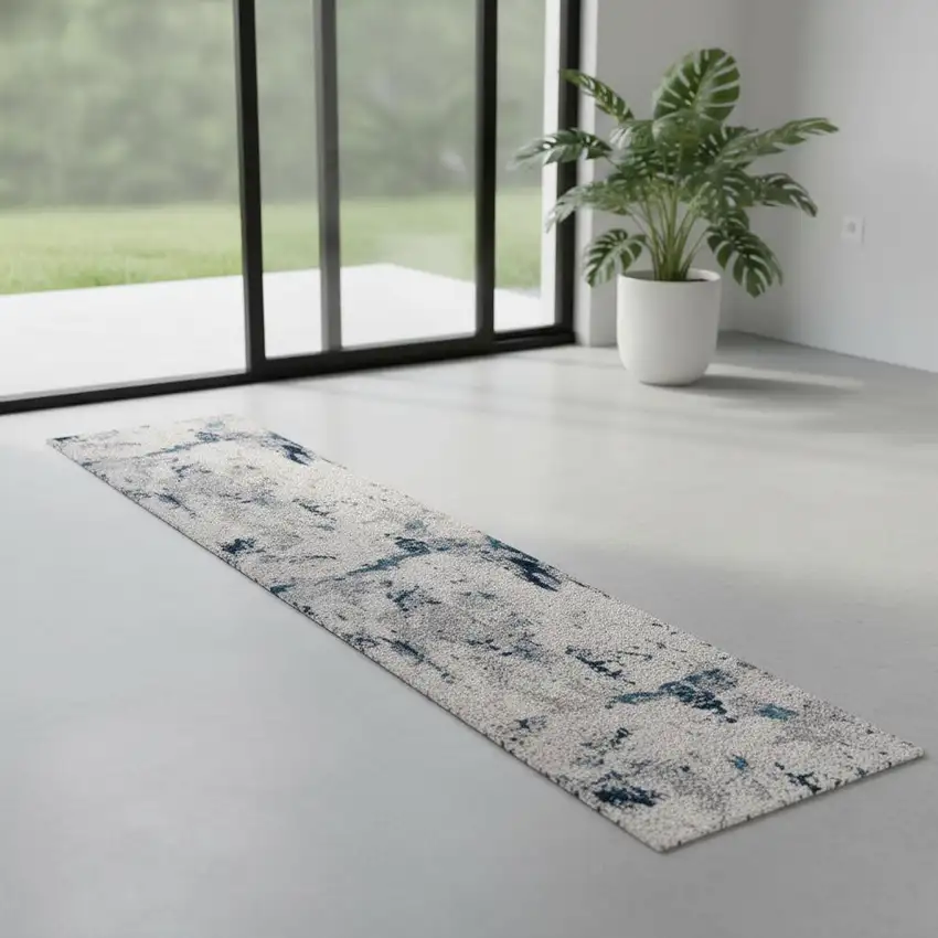 7' Blue Beige And Gray Abstract Runner Rug Photo 1