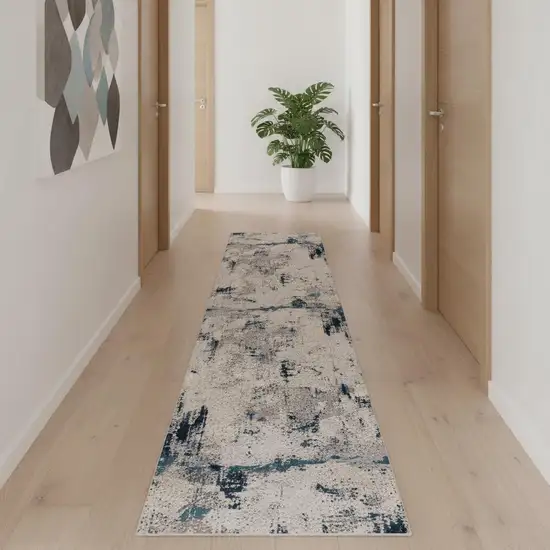 18' Blue Beige And Gray Abstract Runner Rug Photo 1