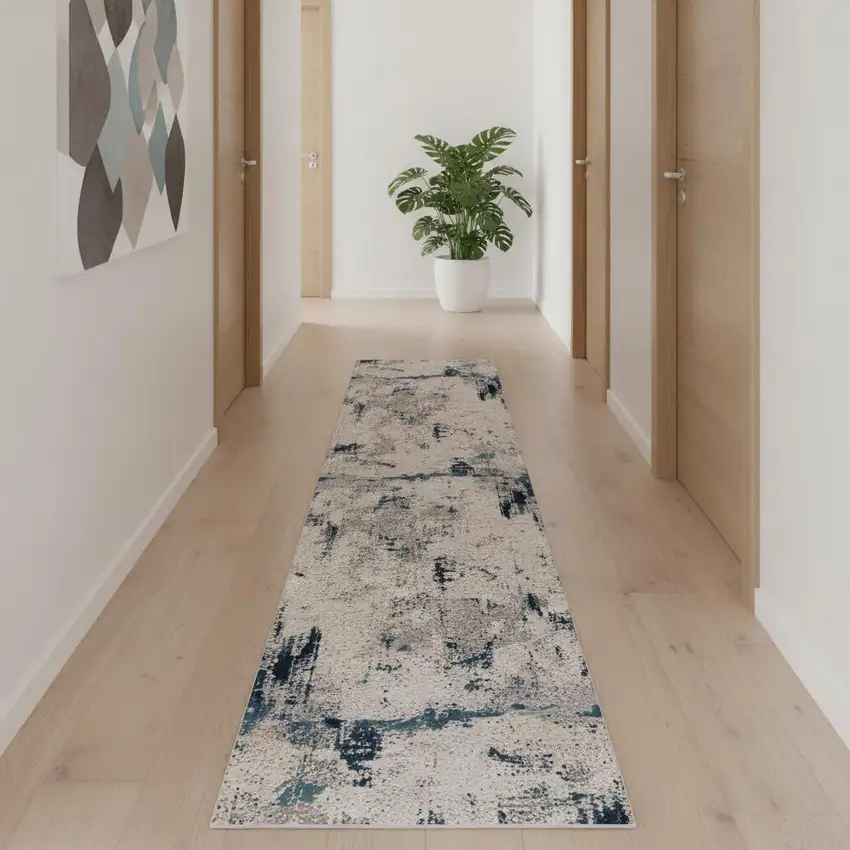 18' Blue Beige And Gray Abstract Runner Rug Photo 1