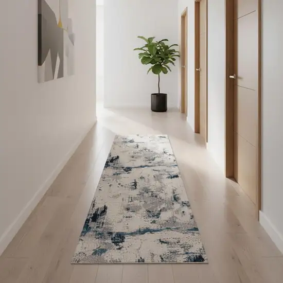 16' Blue Beige And Gray Abstract Runner Rug Photo 1