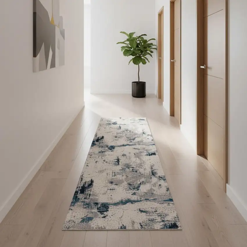 16' Blue Beige And Gray Abstract Runner Rug Photo 1