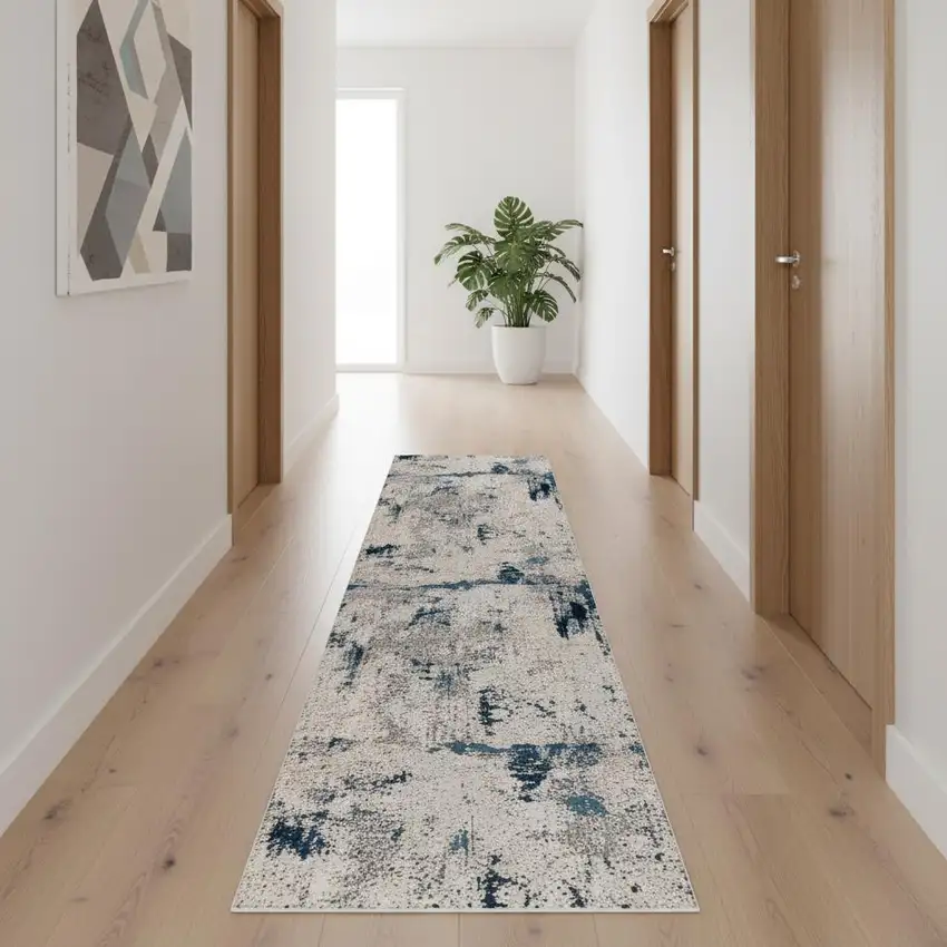 14' Blue Beige And Gray Abstract Runner Rug Photo 1