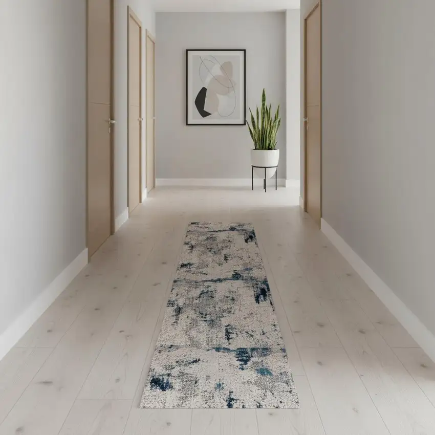 11' Blue Beige And Gray Abstract Runner Rug Photo 1