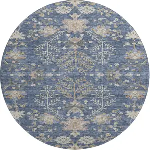 Photo of 8' Blue Beige And Gray Floral Washable Round Rug With UV Protection