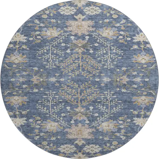 8' Blue Beige And Gray Floral Washable Round Rug With UV Protection Photo 1