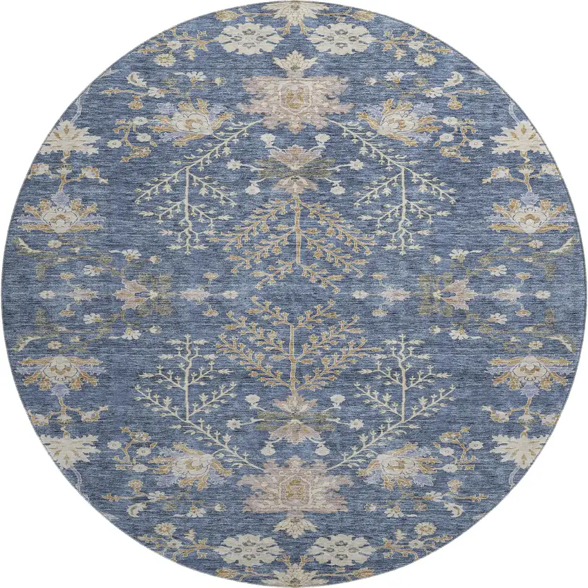 8' Blue Beige And Gray Floral Washable Round Rug With UV Protection Photo 1
