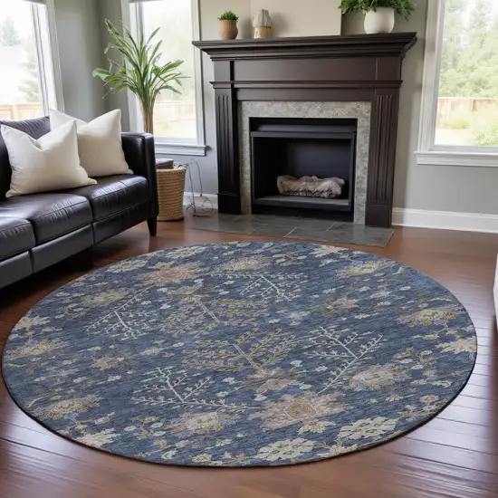 8' Blue Beige And Gray Floral Washable Round Rug With UV Protection Photo 4