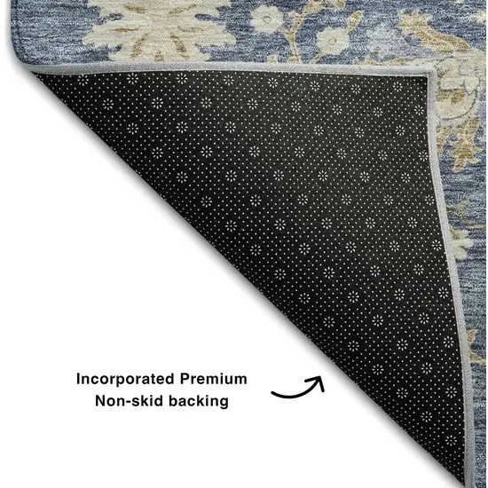 8' Blue Beige And Gray Floral Washable Round Rug With UV Protection Photo 5