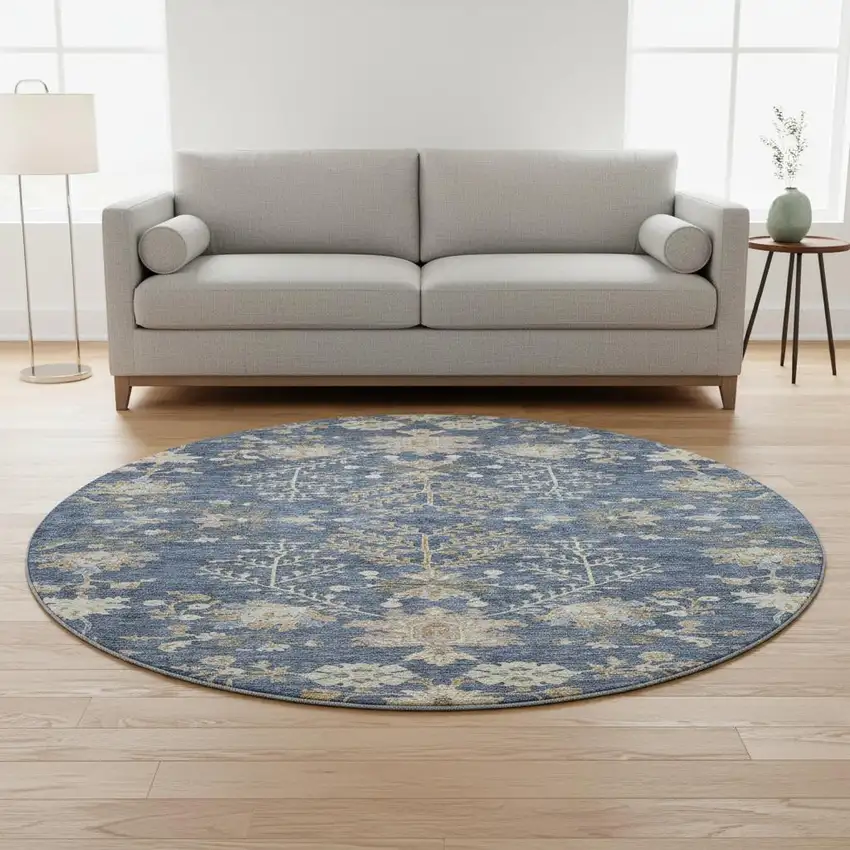 8' Blue Beige And Gray Floral Washable Round Rug With UV Protection Photo 2