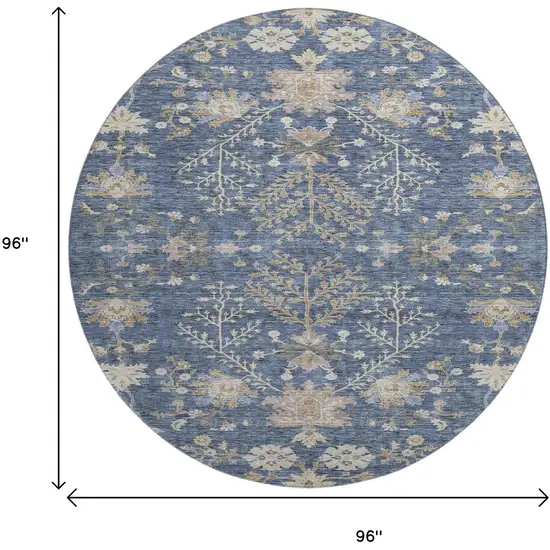 8' Blue Beige And Gray Floral Washable Round Rug With UV Protection Photo 9
