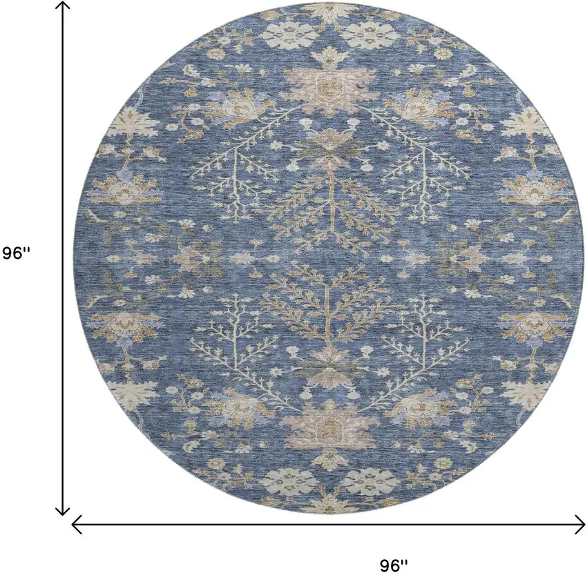 8' Blue Beige And Gray Floral Washable Round Rug With UV Protection Photo 9