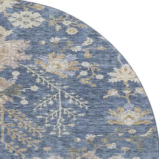 8' Blue Beige And Gray Floral Washable Round Rug With UV Protection Photo 2