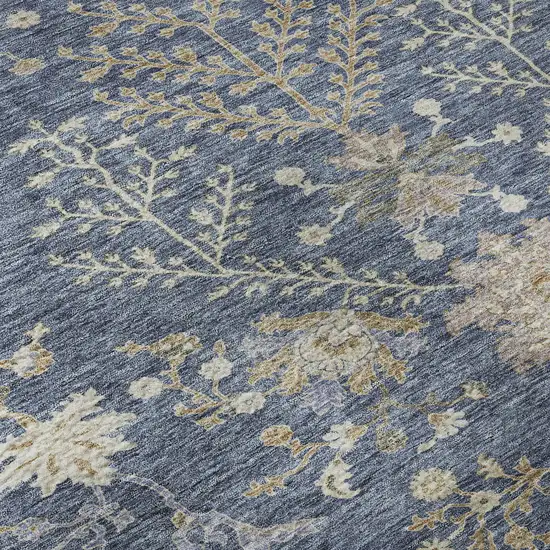 8' Blue Beige And Gray Floral Washable Round Rug With UV Protection Photo 8