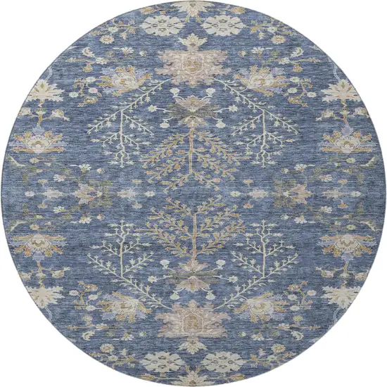 8' Blue Beige And Gray Floral Washable Round Rug With UV Protection Photo 3
