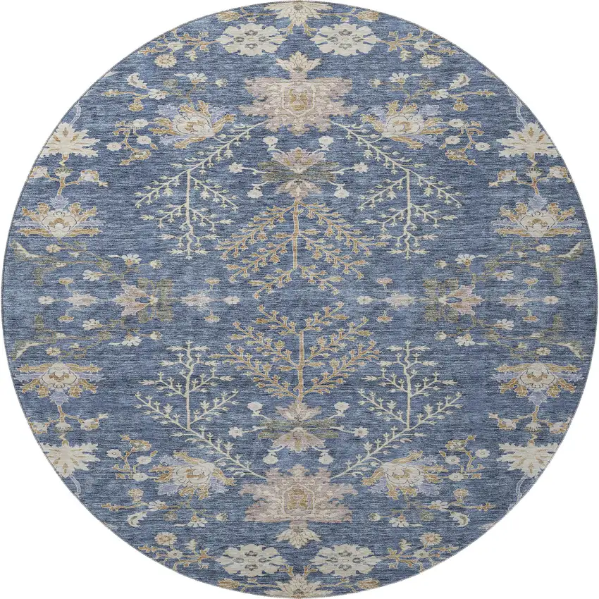 8' Blue Beige And Gray Floral Washable Round Rug With UV Protection Photo 3