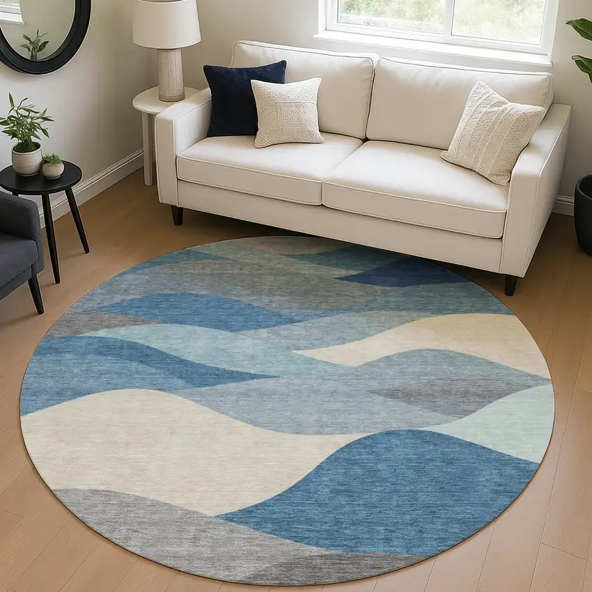 8' Blue Beige And Gray Round Abstract Washable Indoor Outdoor Area Rug Photo 5