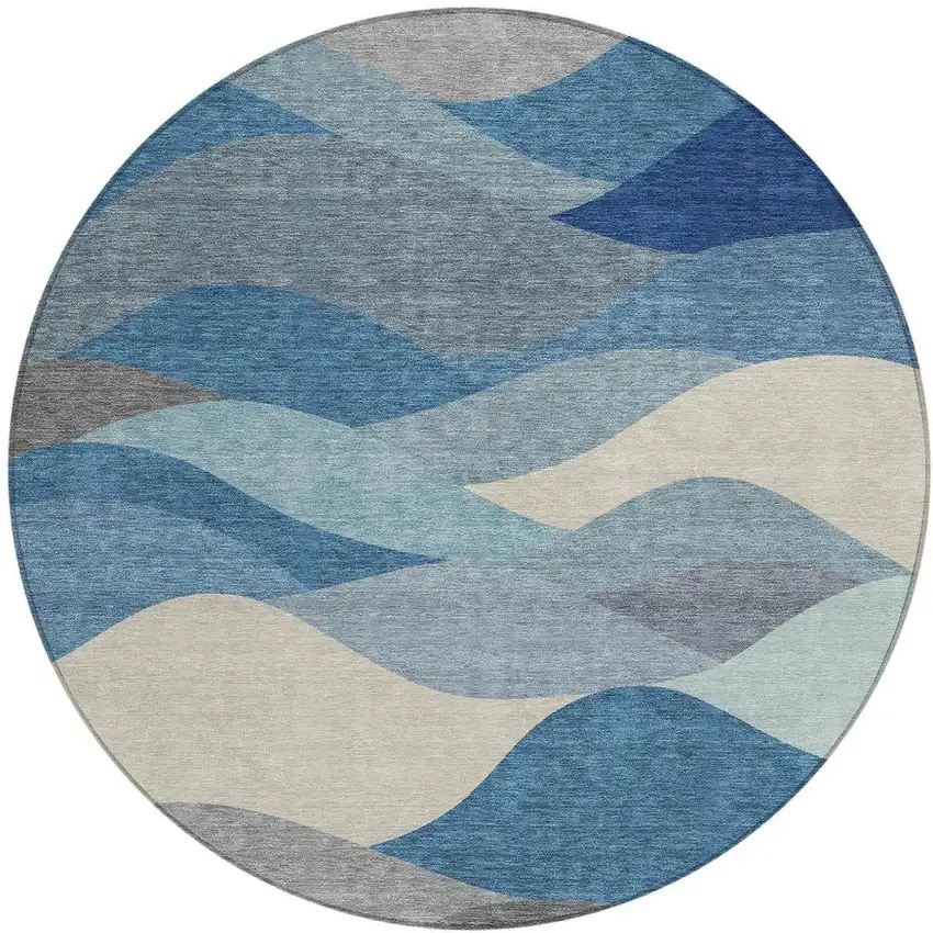 8' Blue Beige And Gray Round Abstract Washable Indoor Outdoor Area Rug Photo 3
