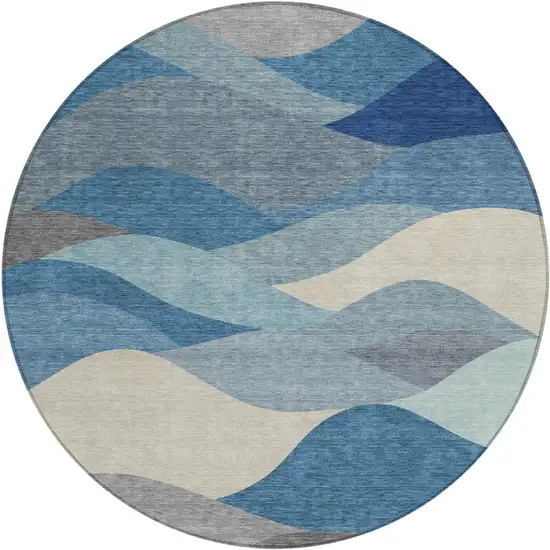 8' Blue Beige And Gray Round Abstract Washable Indoor Outdoor Area Rug Photo 1