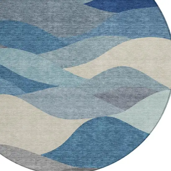 8' Blue Beige And Gray Round Abstract Washable Indoor Outdoor Area Rug Photo 2