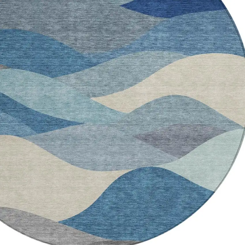 8' Blue Beige And Gray Round Abstract Washable Indoor Outdoor Area Rug Photo 2